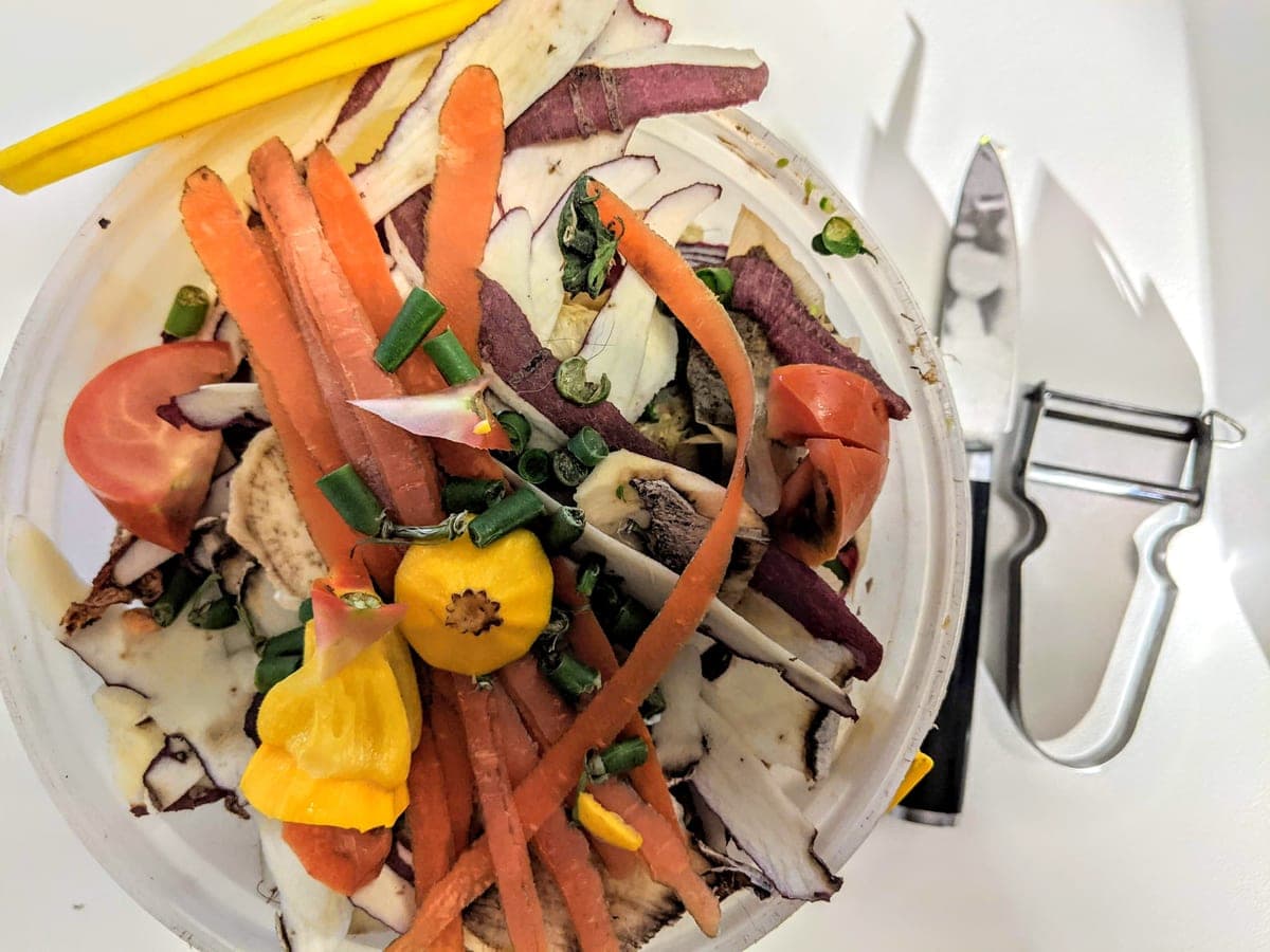 Vegetable peelings and food scraps on a kitchen surface